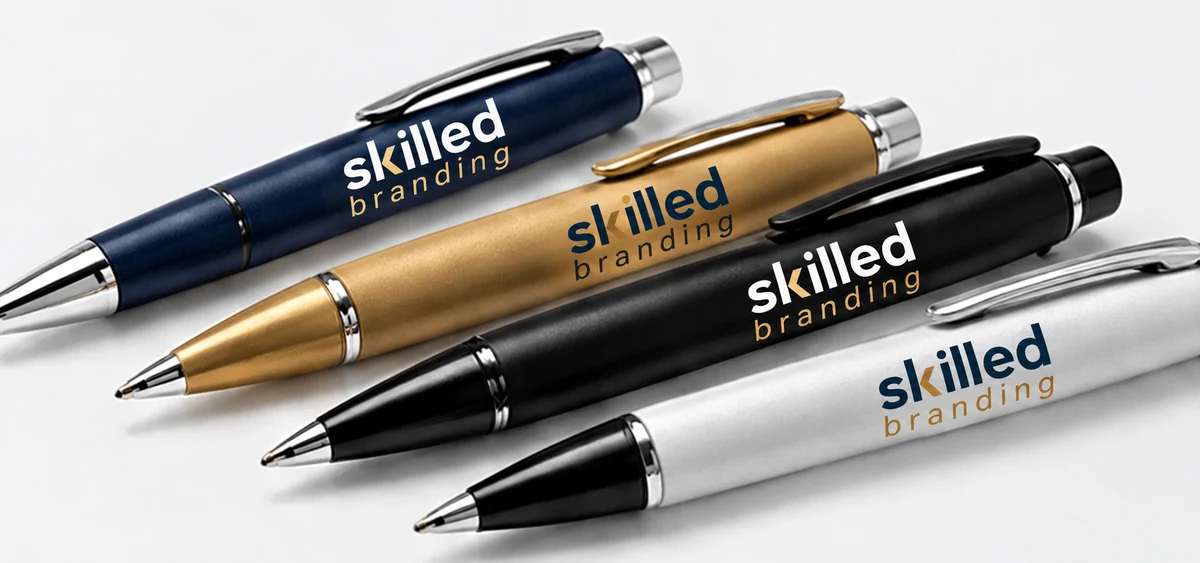 Promotional pens in navy, gold, black and silver
