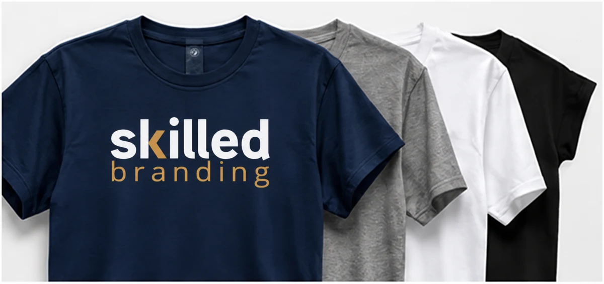 Custom branded T-shirts in navy, gray, white and black