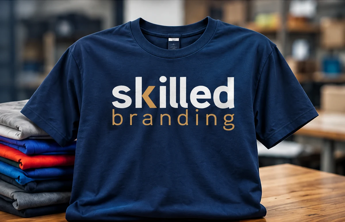 Navy Skilled Branding T-shirt beside a stack of shirts