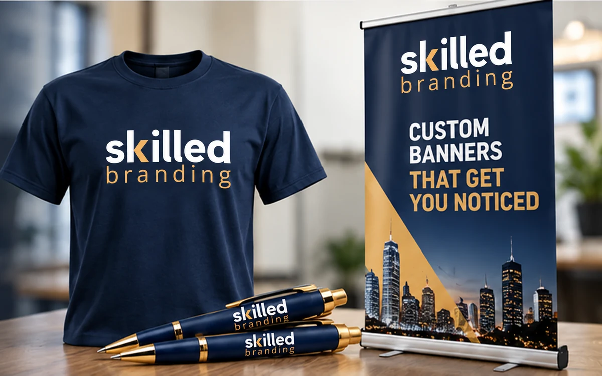 Custom T-shirt, retractable banner and branded pens