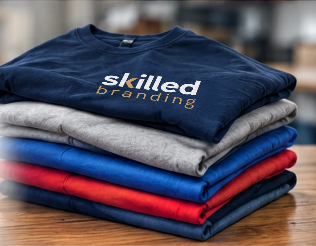 Folded custom shirts with the Skilled Branding logo on the top navy shirt